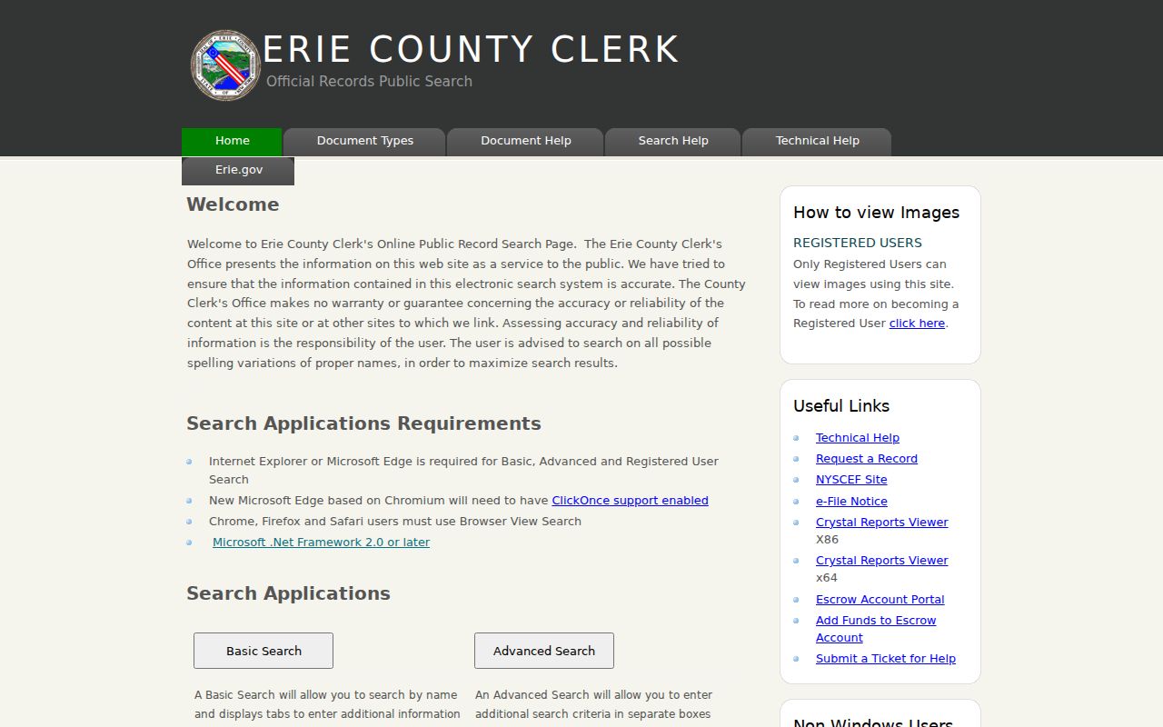 Lancaster previous residents Erie County Official Records search screen