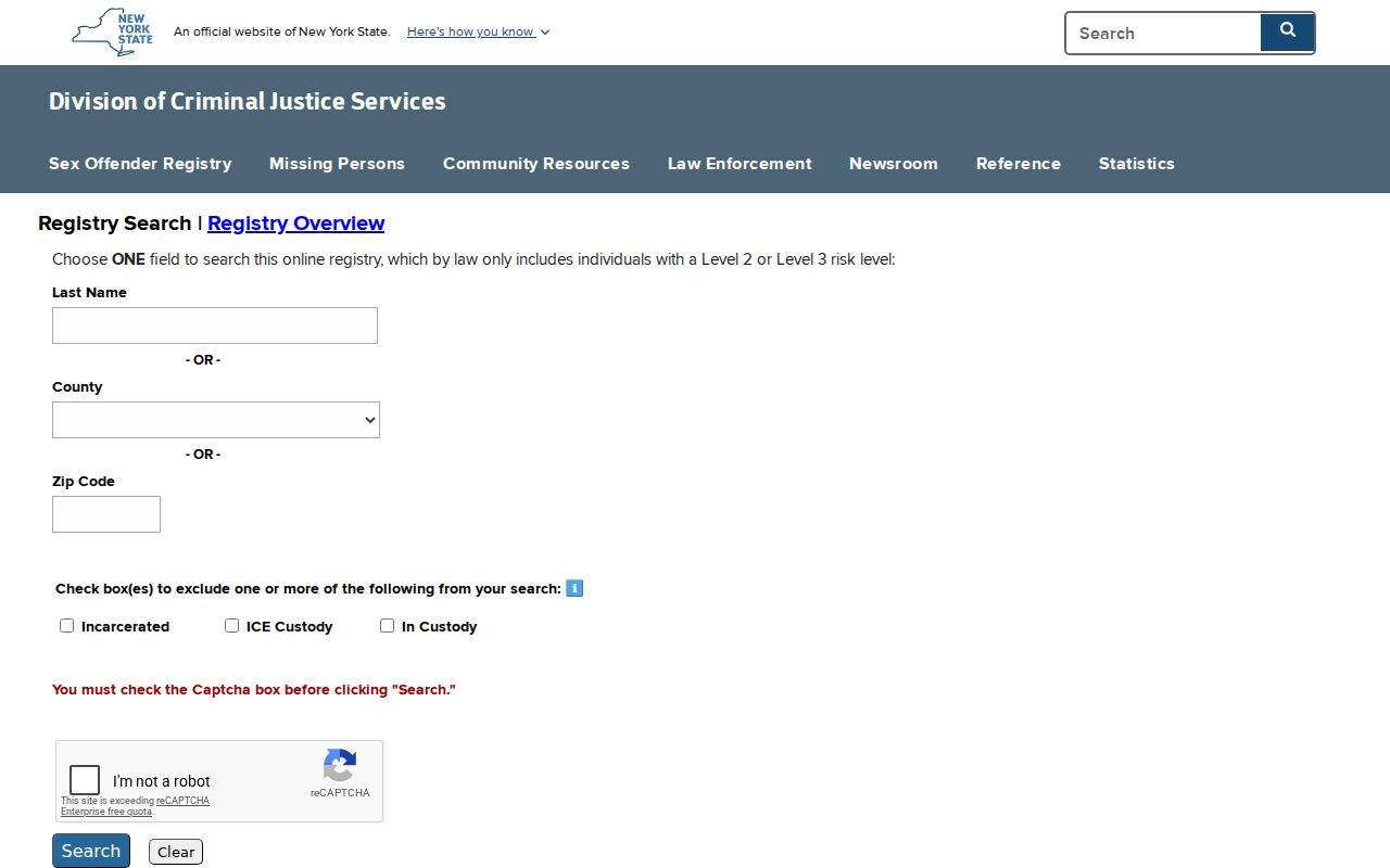 Lancaster resident lookup using the New York sex offender registry search screen